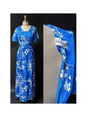 Vintage 70s Liberty House Hawaii Blue Floral Maxi Dress